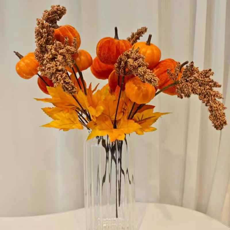 Halloween Floral Pick Silk Maple Leaf Decoration Velvet Pumpkin Branch Harvest Faux Pumpkin Bouquet For Holiday Celebration