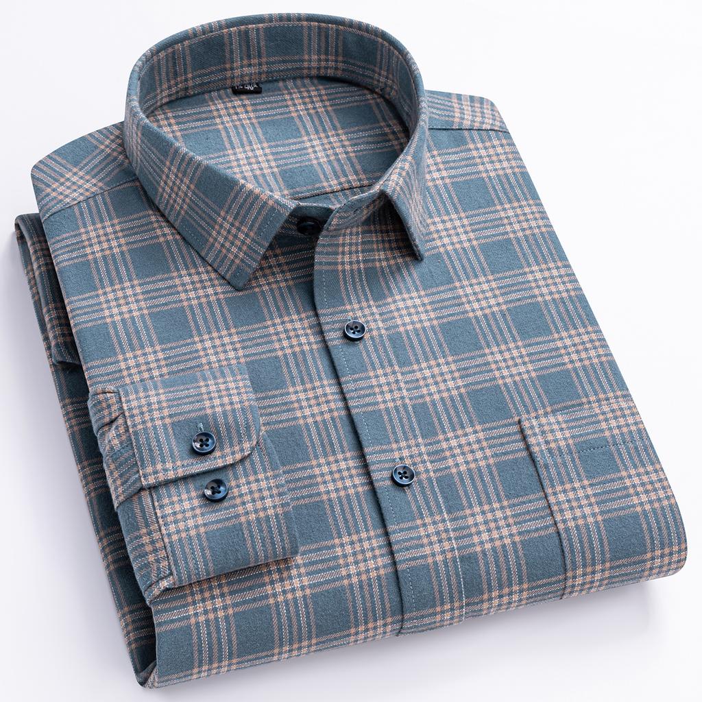 Over Size 100%cotton Brushed Plaid Long Sleeve Shirts for Men Single Pocket Casual Tops Soft Vintage Elegant Designer Clothes