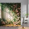 Outdoor Garden Poster Shower Curtain Vintage Window Wall Growing Floral Plants Polyester Fabric Shower Curta Bathroom Decor
