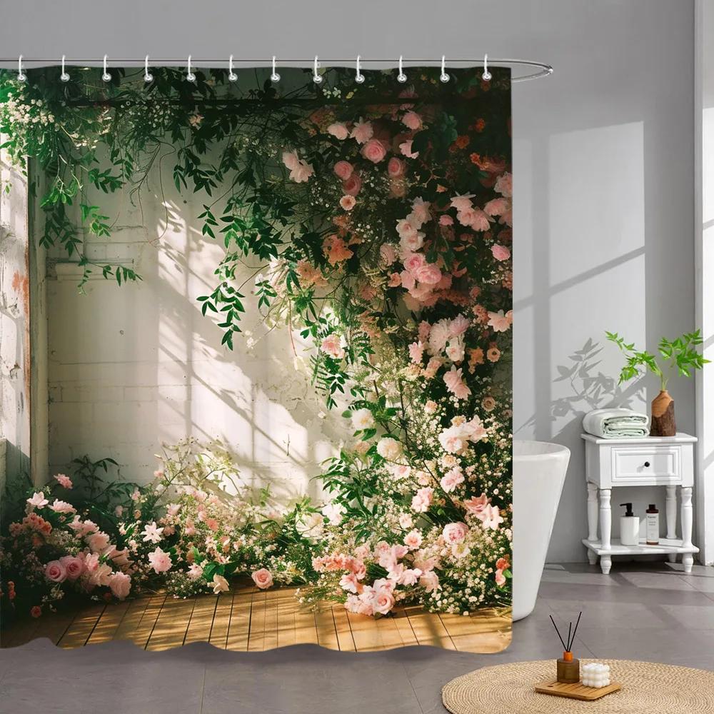 Outdoor Garden Poster Shower Curtain Vintage Window Wall Growing Floral Plants Polyester Fabric Shower Curta Bathroom Decor
