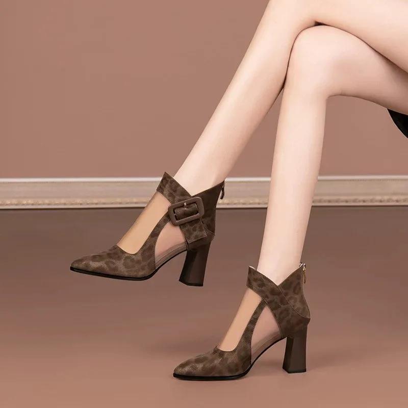Fashion 2025Square Heel Cool Boots Summer New Pointy Splicing Mesh Fabric Back Zipper Anti-slip Wear-resistant Short High Heels