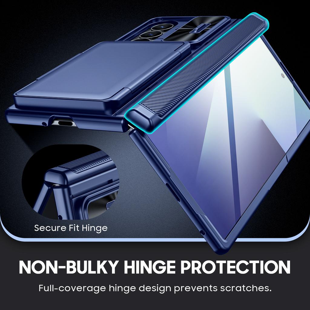 Galaxy Z Fold 7 Wallet Case with RFID Blocking Card Slot Sliding Camera Cover and Hinge Protection-Blue