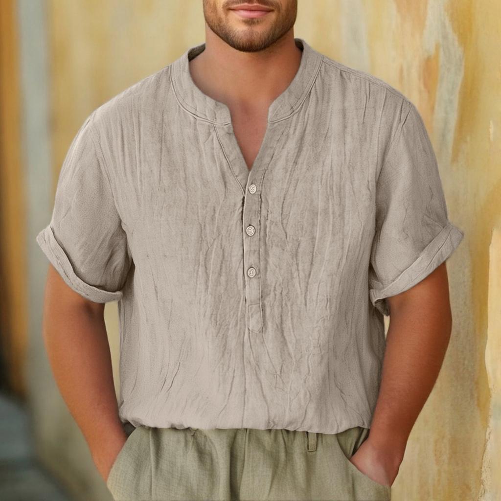 Men's Casual Stand Collar Pullover Shirt Retro Thin Cotton Linen T-shirt Top