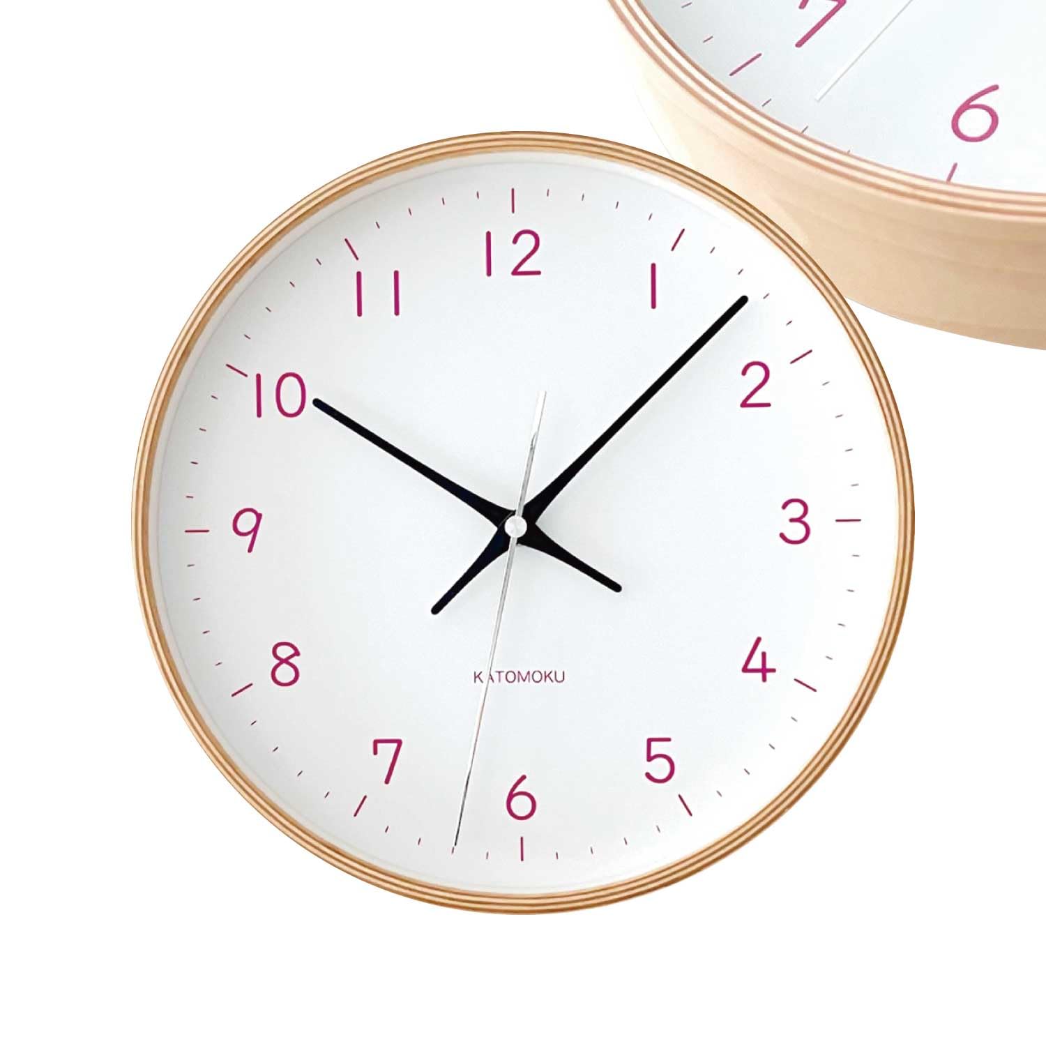 

KATOMOKU plywood clock, 22cm, pink, km-121LPRC, wall clock with continuous second hand, 25.2cm diameter (radio-controlled clock)
