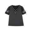 T-shirt a maniche corte in rete con scollo a V da donna per l'estate, maglietta base alla moda in pizzo e stile western, design con un tocco di raso top versatile
