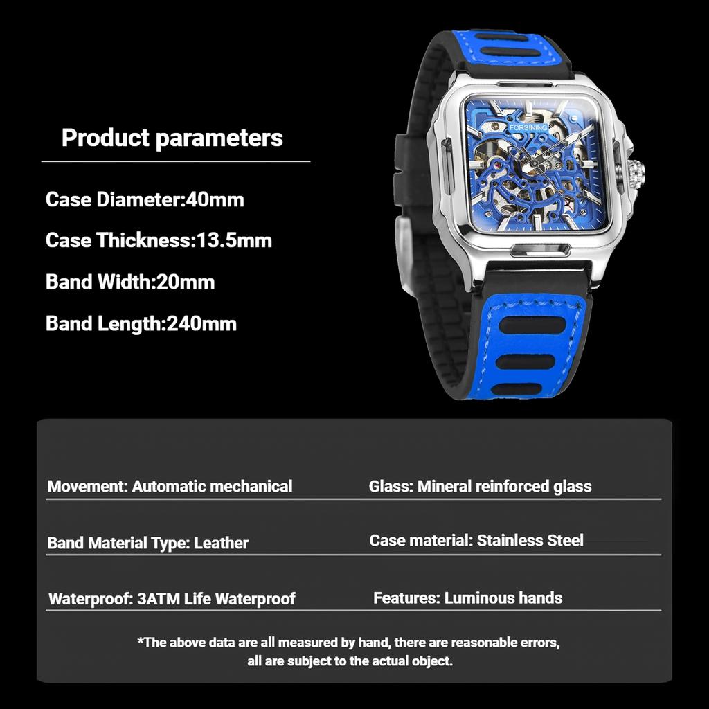 Forsining Square Dial Skeleton Watch Automatic Watch for Men Luxury Sports Mechanical Wristwatch Waterproof Luminous Leather Band