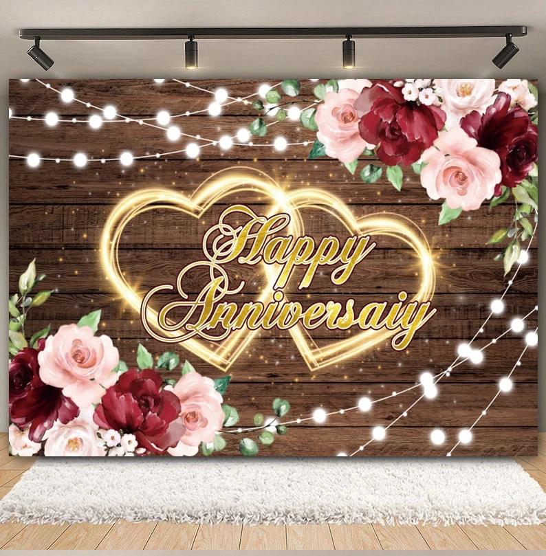 Happy Anniversary Backdrop Gold Balloon Glitter Love Heart Flower Birthday Party Bridal Shower Wedding Photography Background