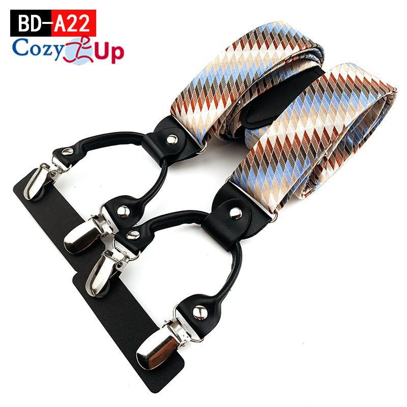 Suspensórios masculinos adultos em forma de Y com 6 clipes em tecido jacquard de couro com alça traseira elástica ajustável com ganchos giratórios e tiras elásticas nas costas em Y