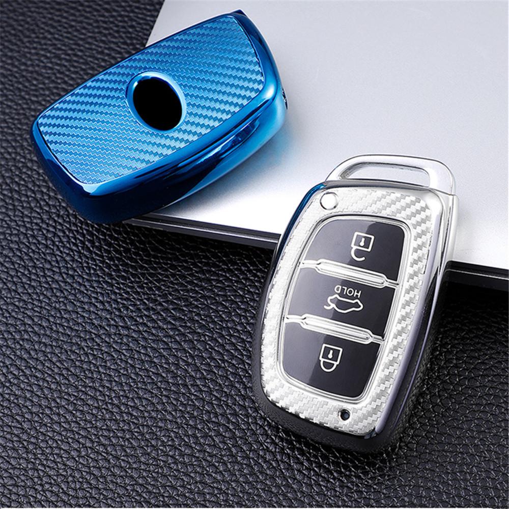 Carbon Fiber TPU Car Key Cover Case Shell for Hyundai Tucson Creta Ix25 I10 I20 I30 Verna Mistra Elantra Santa Fe 2015-2018