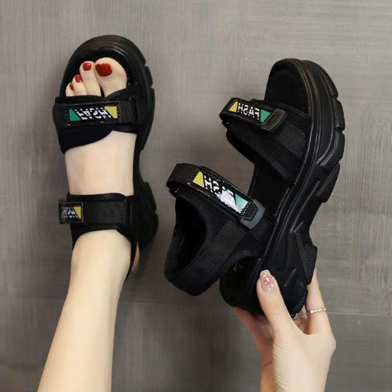 Sports sandals women's black 2025 new summer Velcro thick-soled wedge heel lightweight soft-soled casual open-toed shoes