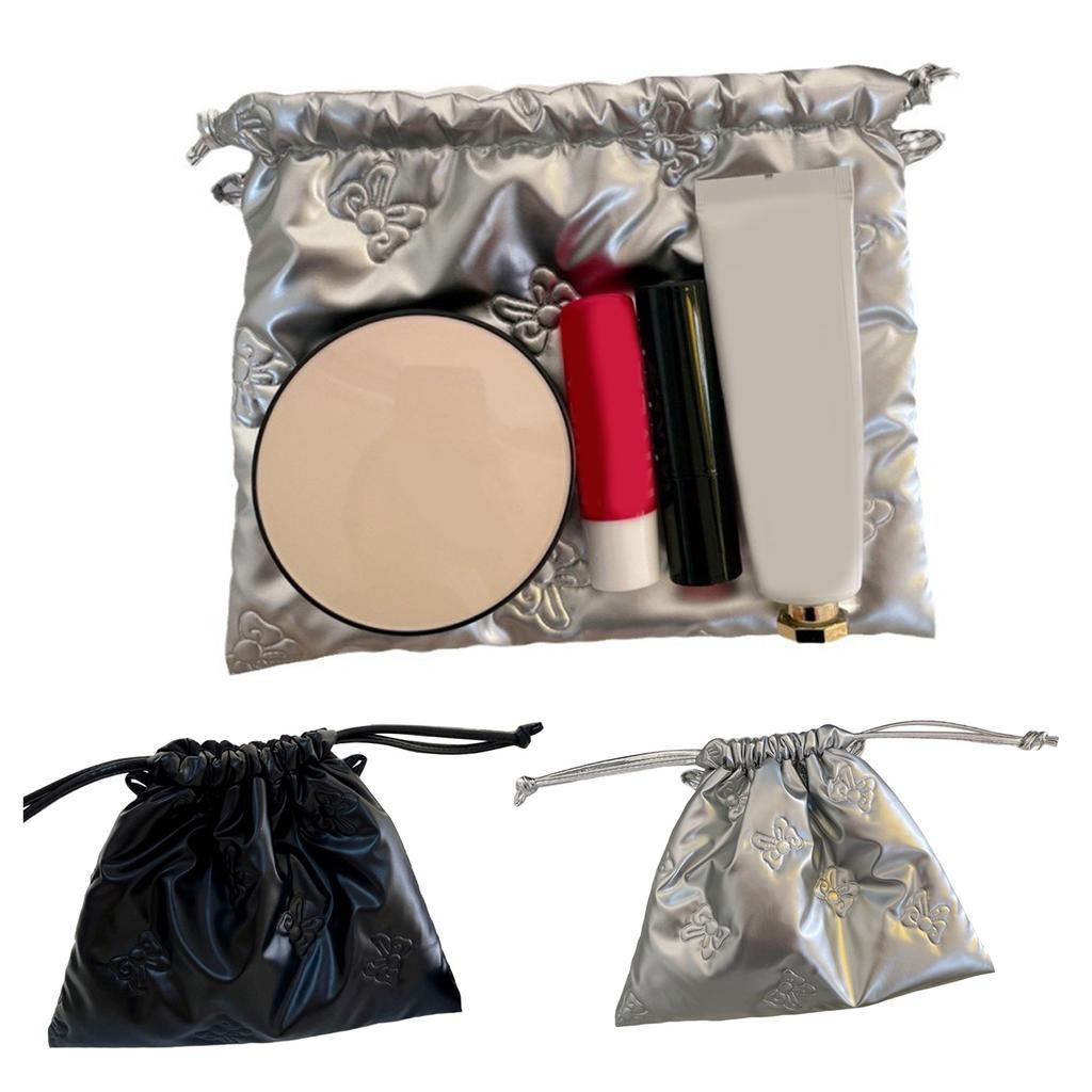 Chic Bowknot PU Leather Pouch Bag Practical Drawstring Closure PU Bag Convenient Makeup Jewelry Storage Pouches
