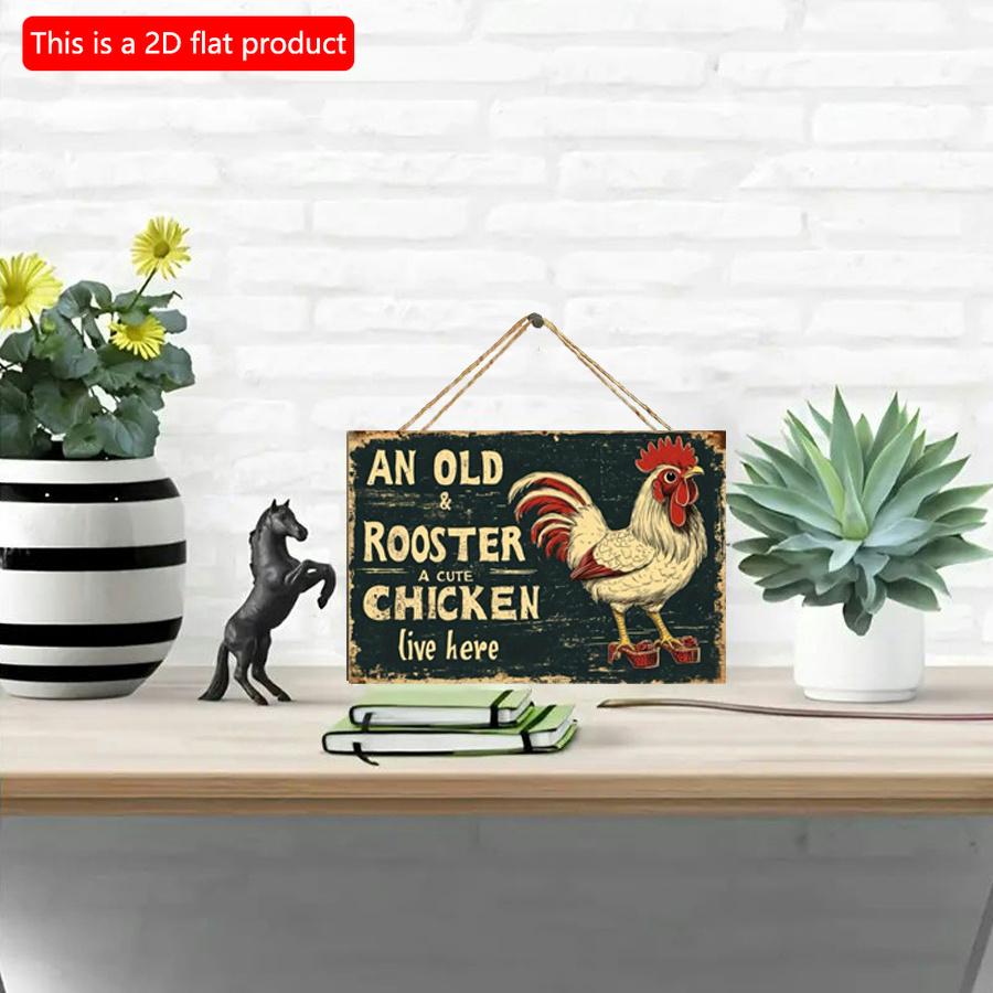 2D Flat Wooden 30*20cm Vintage "An Old Rooster" Wooden Wall Sign Rustic Farmhouse Decorative Plaque with Flax Rope Hanger for Home, Bar, Cafe, Office