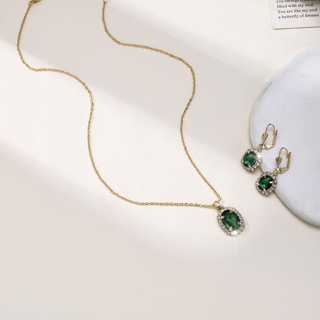 Emerald Egg-Shaped Gold-Plated Crystal Necklace & Clavicle Chain Earring Set for Women
