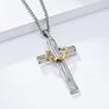 Retro Titanium Steel Wreath Cross Necklace Two Tone Wood Grain Stainless Steel