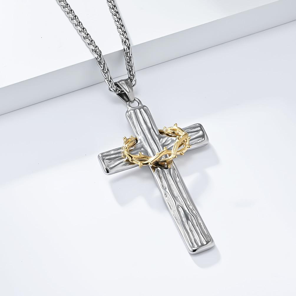 Retro Titanium Steel Wreath Cross Necklace Two Tone Wood Grain Stainless Steel