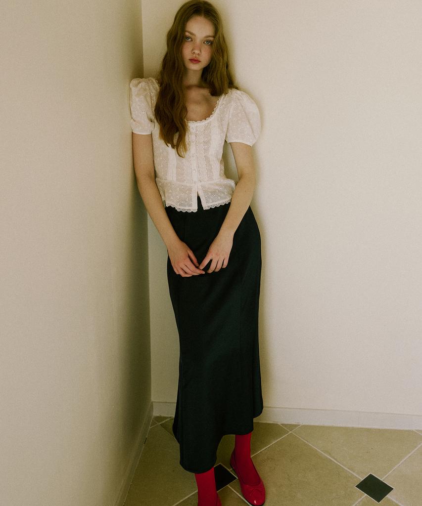 Green Butter Silky Banding Skirt (Navy)