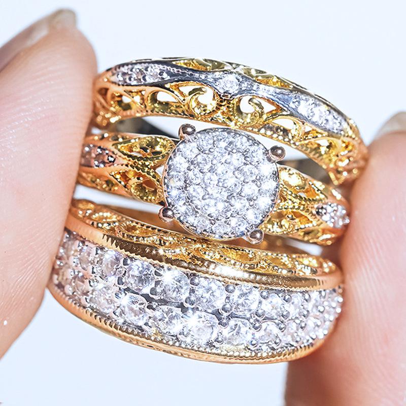 3 Pcs/set Fashion Colorful Zircon Inlaid Hollow Metal Ring for Women Accessories Jewelry Party Wedding Gift