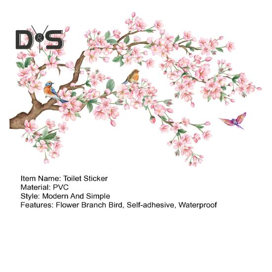 Flower Branch Bird Toilet Sticker Removable Self-adhesive Waterproof PVC Living Room Wall Art Floral Bathroom Toilet Lid Decoration Decal