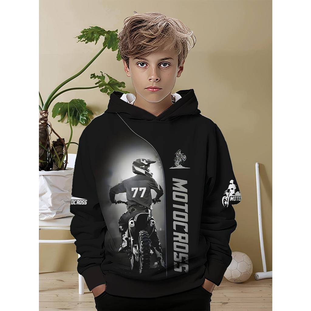 Boys' Fashionable Off-road Motorcycle 3D Printed Long Sleeved Hooded Sweatshirt, Boys' Spring and Autumn Sportswear