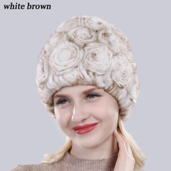 New Arrival Flowers Real Fur Hats Winter Russian Women Natural Rex Rabbit Fur Caps Lady Genuine Rex Rabbit Fur Beanies Cap