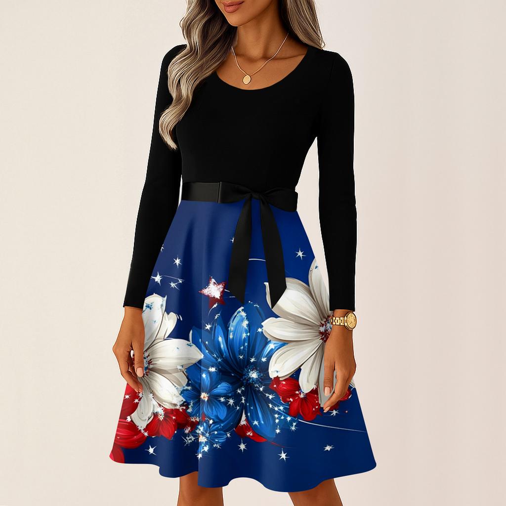 Ladies' Casual And Fashionable Round Neck Long Sleeved Retro Independent Day Print Retro Dress