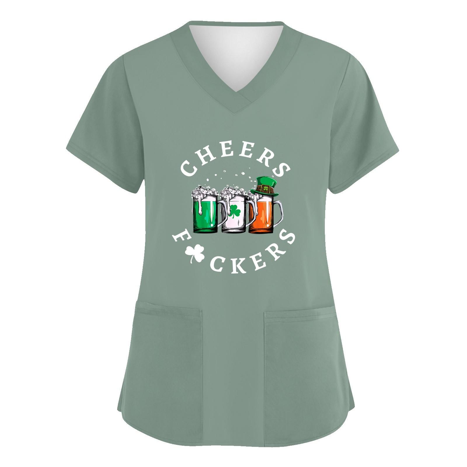 

Женская мода с v-образным вырезом, короткими рукавами и карманами, топы с принтом XXXXL