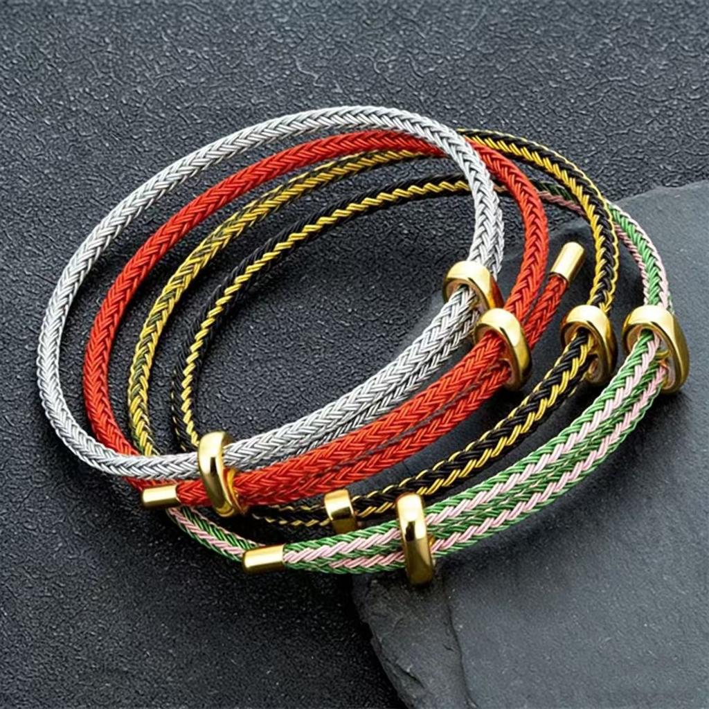 DIY Couple Bangles Adjustable Gold Plated Stainless Steel Buckle Lucky Red Woven Wire Rope Bracelets for Men Women Gifts