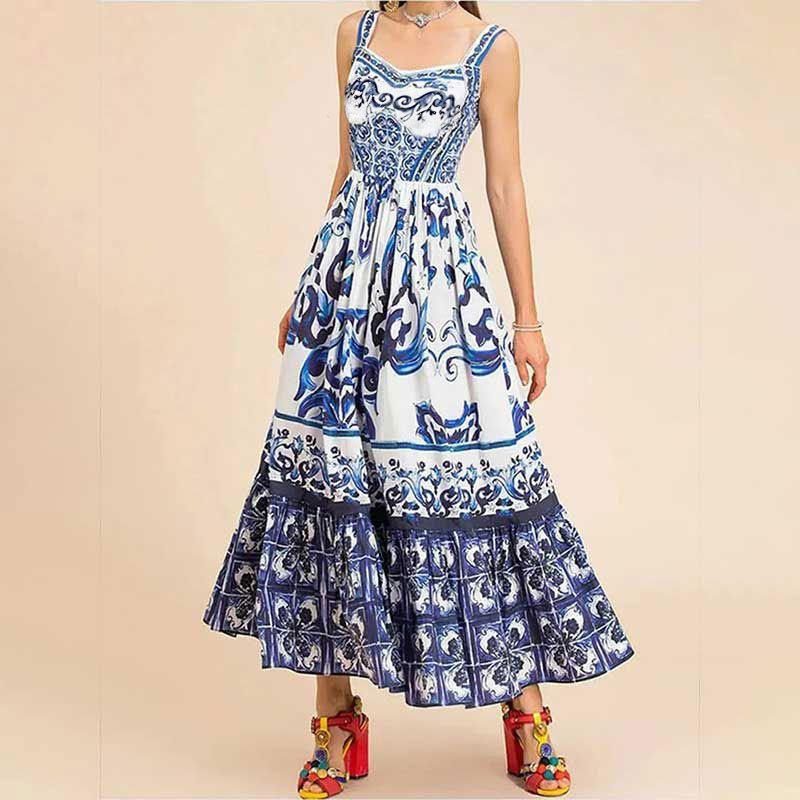 

Bohemian Style Mid-Length Big Hemline Print Sling Dress Bohemian Strap Midi Dress Blue Print XL