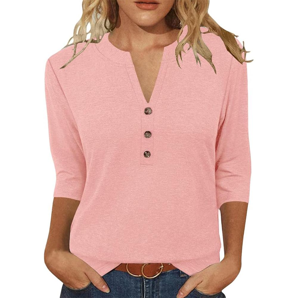 

Женские топы с рукавом 3/4, рубашки с V-образным вырезом, нарядные повседневные туники, летние футболки XL розовый