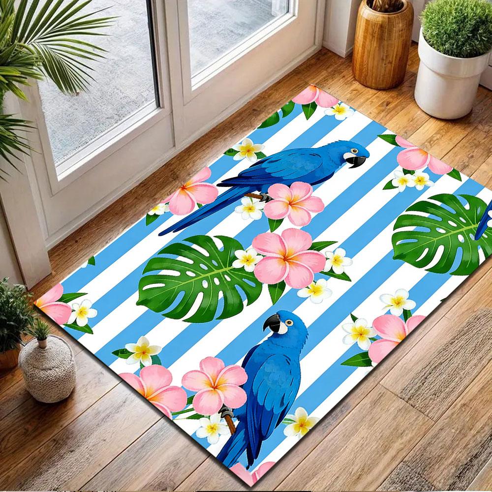 Blue Parrots and Tropical Blooms Patterned Carpet, Non Slip Mat Suitable for Living Room and Bedroom Sofas