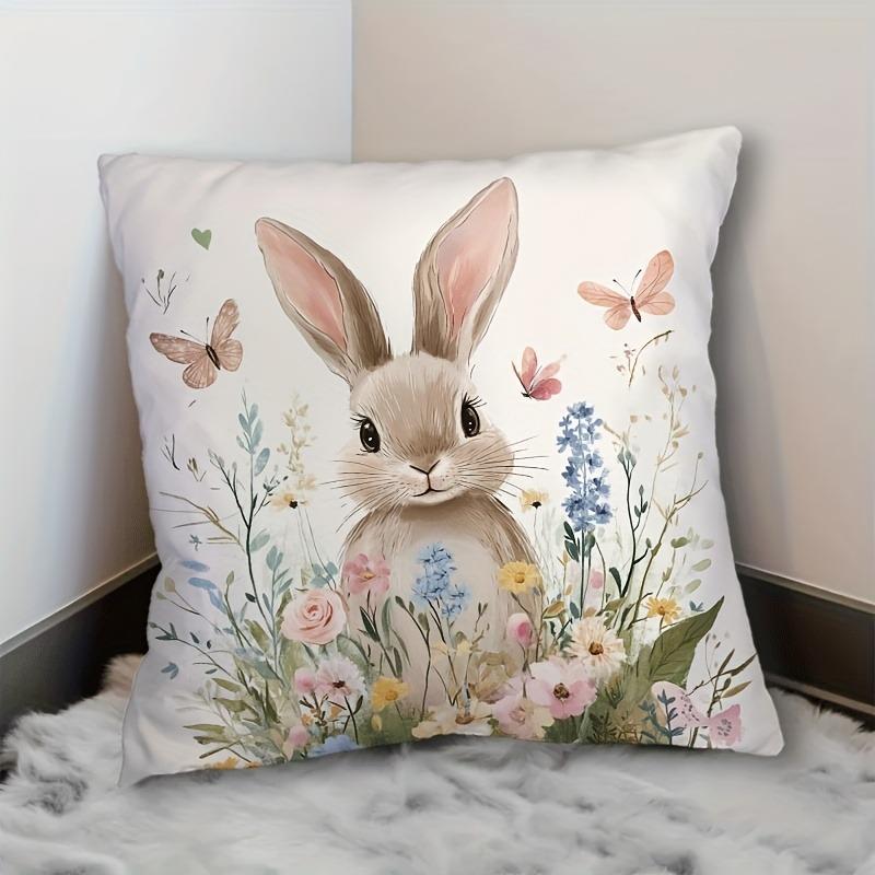 Soft Plush Easter Bunny & Floral Pillow Cover