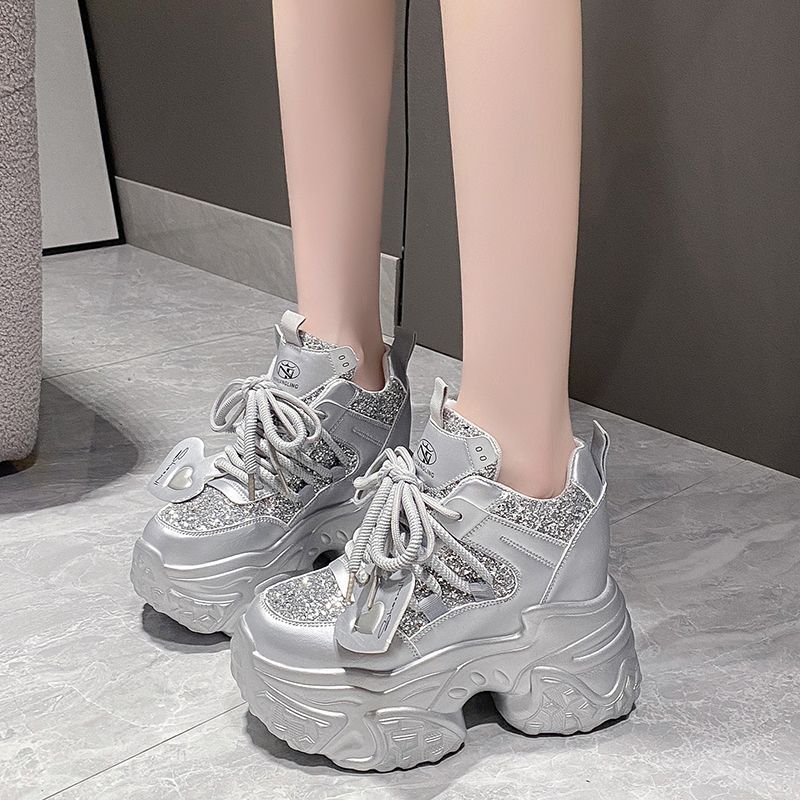 New Dad Shoes Breathable Women's New Mesh Autumn Heightening Sports and Leisure Shoes White Silver