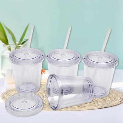 1 Set 12OZ/350ml Strohbecher doppellagig wiederverwendbar mit Deckel für Reisen, klares Eis, Kaffeebecher, Büro