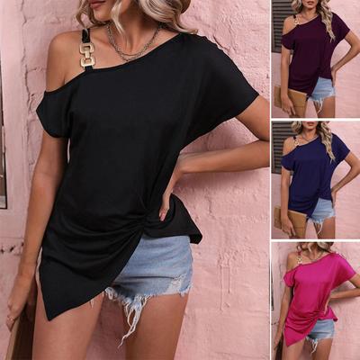 Zincir Omuz Askısı Kısa Kollu Düzensiz Hem Büzgülü Kadın T-shirt Çarpık Yaka Bir Omuz Gevşek Üst