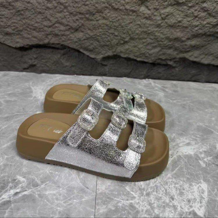 2025 Sommer neue Leder Dicksohlen Strassstein Casual Mattleder Pantoletten Ein-Wort Damenschuhe Vielseitige Mode Damenschuhe