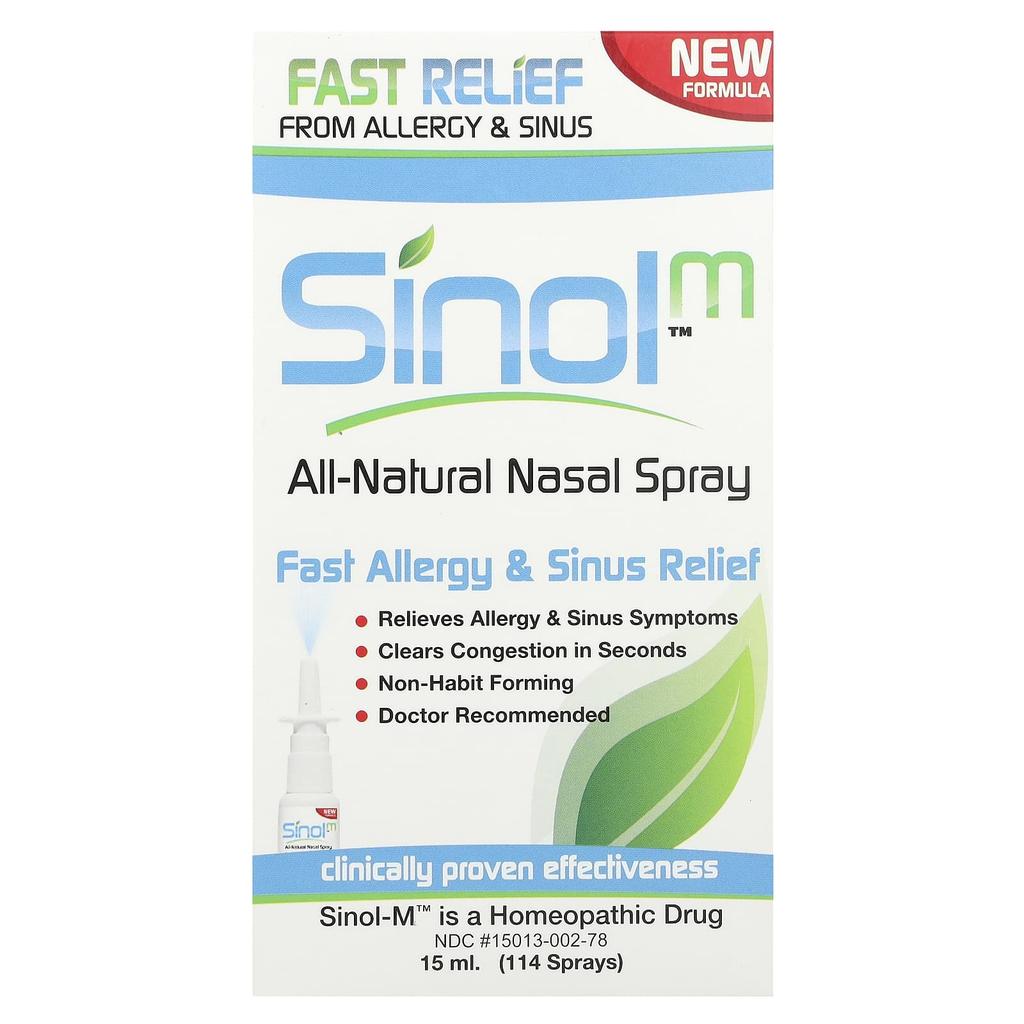 Sinol M, 100% Natural Ingredients Nasal Spray, Fast Allergy and Sinus Symptom Relief, 15Ml