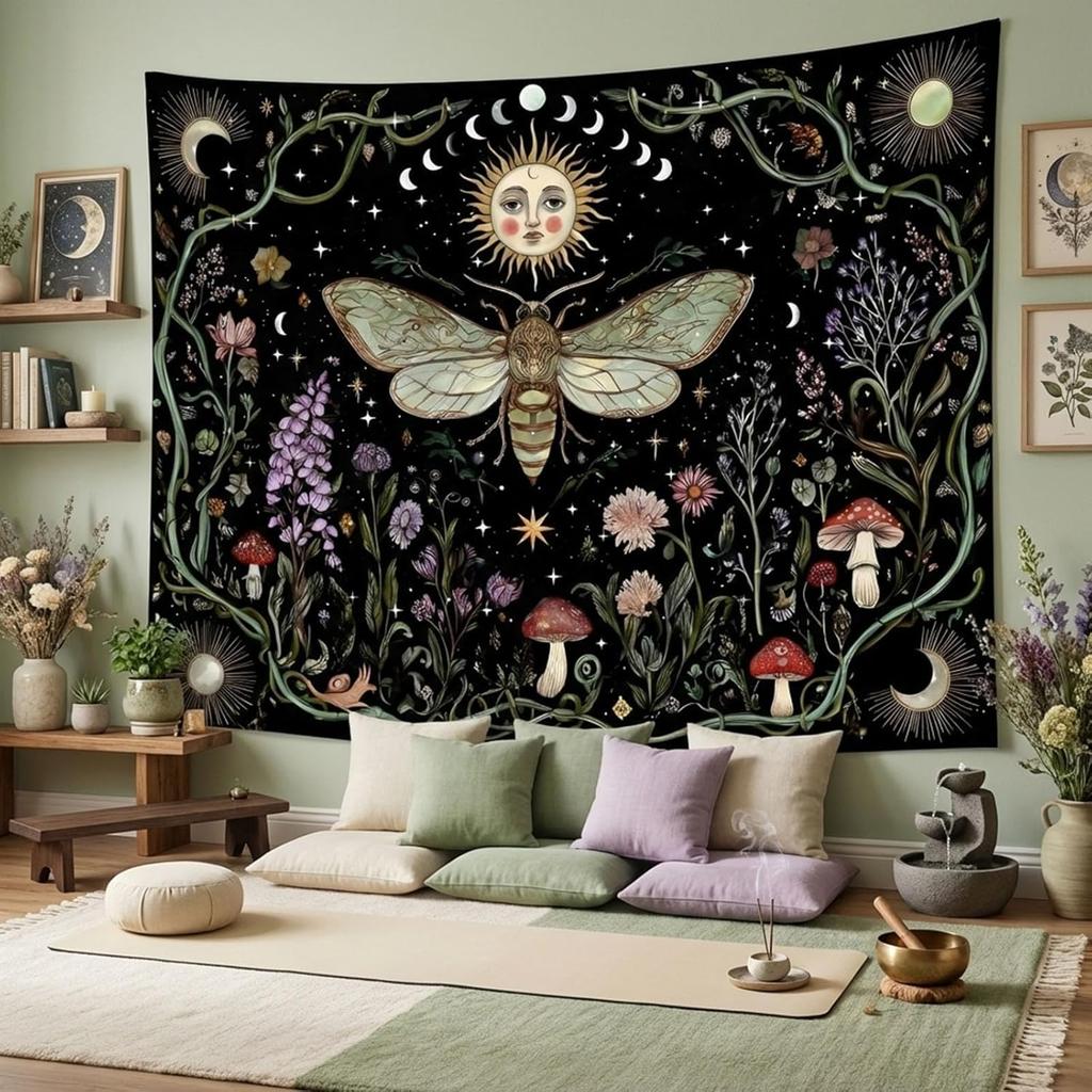 Mystic Celestial Moth Tapestry, Sun Moon Phase Floral Mushroom Print Large Wall Hanging for Bedroom Living Room Aesthetic Decor