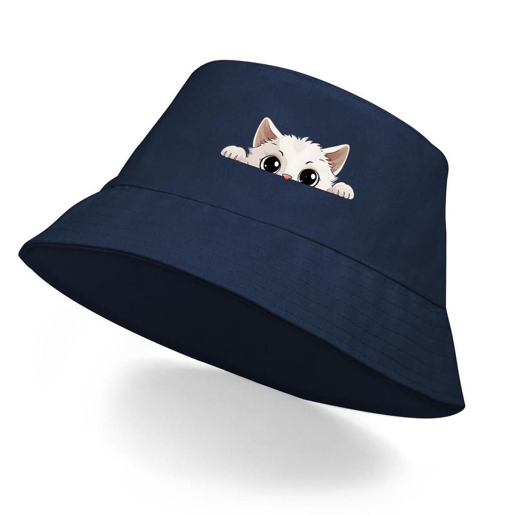 Bucket Hat With White Cat Print , Cartoon Pet Fisherman Hat Spring Lightweight Foldable Beach Hat