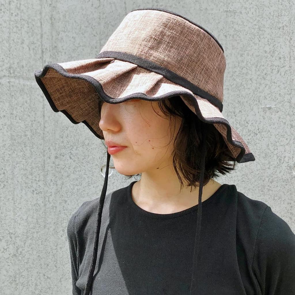 Basic Enchi Flutter Solid Hat Chin Strap Foldable Easy To Carry Sunshade Pleated Hat with Ribbon Linen Blend Natural Material Hat Antibacterial