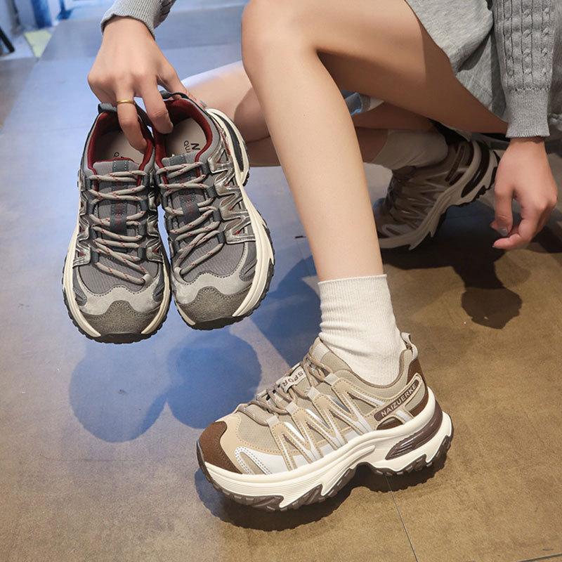 Leather platform mesh sneakers women's shoes 2025 autumn new casual shoes outdoor mountaineering running dad shoes