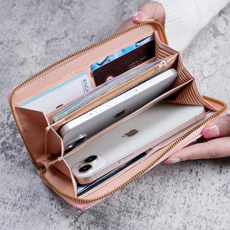 Damen Langreißverschluss-Geldbörse: Bestickte Clutch in Unifarbe, Geräumiges Münzfach, Multifunktionale Handytasche