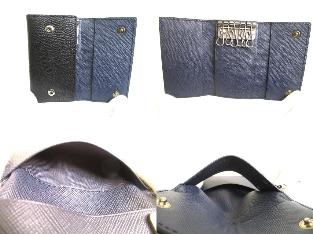 Authentic PRADA Black Saffiano Metal Leather 6 Pics Key Chain #b060  Open box