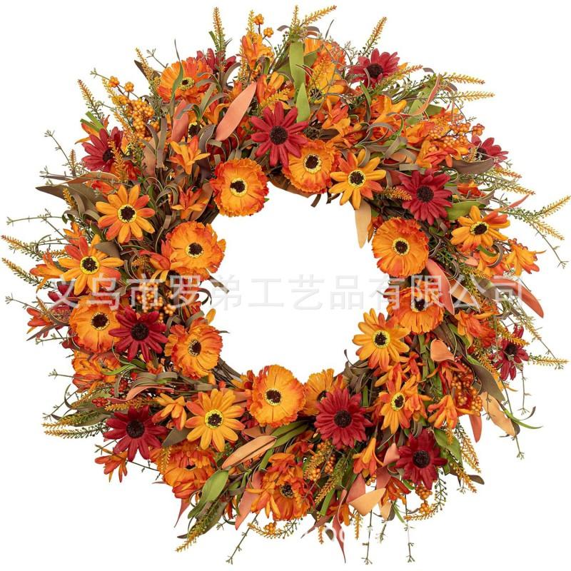 Harvest Wreath With Pumpkins Berries Vine Circle Halloween Thanksgiving Door Decor
