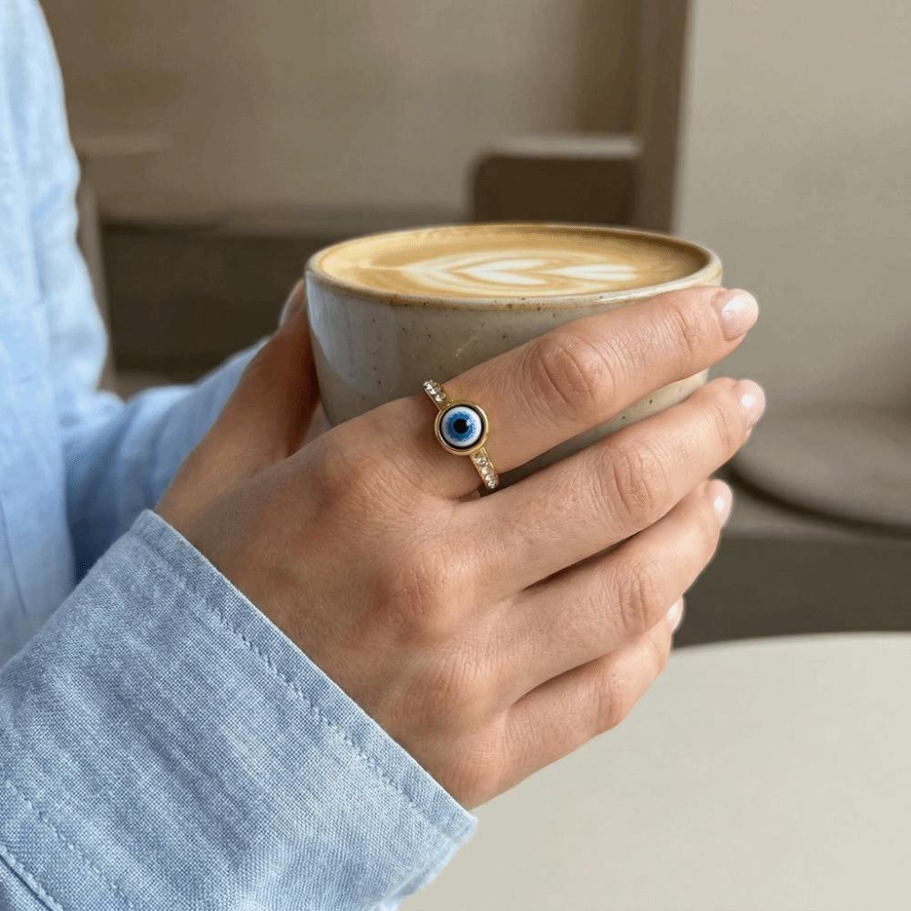Versatile Use Blue Eye Ring Simple Style Rhinestone-Studded Ring Titanium Steel Ring Gift