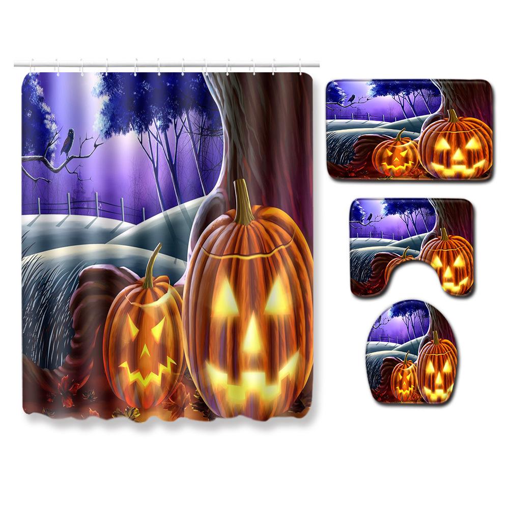 Halloween Duschvorhang Bodenmatte Kombination Vierteilige Haushalts-Fußmatte Schlafzimmer Rutschfester Teppich