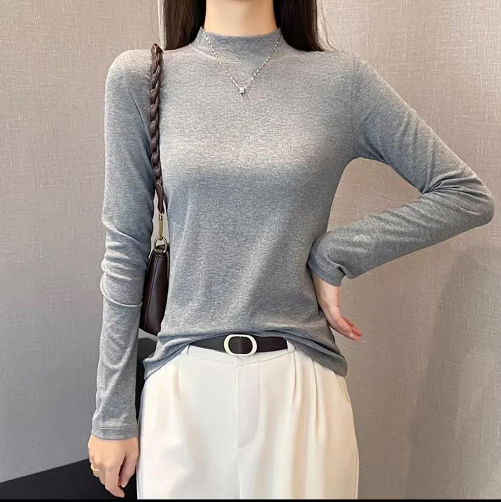 Women's Black Slim-Fit Long Sleeve Mid-Neck Top for Spring/Autumn