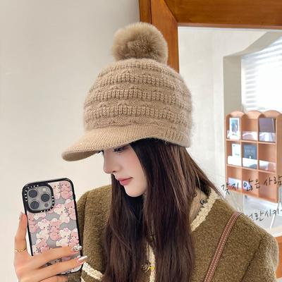 Fleece Lined Beanie Hats with Visor Brim Winter Knit Ski Cap Women Pom Pom Ball  Beanie Hats for Women