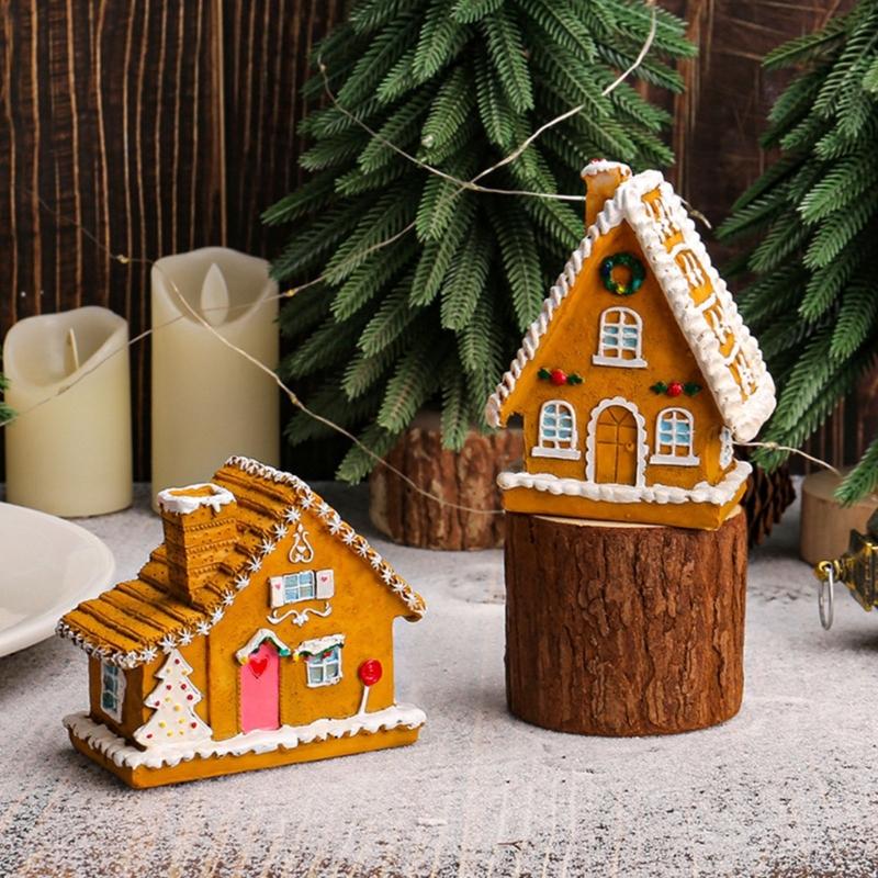 Christmas Village Houses Christmas Collectible Buildings with LED Light Christmas Decors Gingerbreads House Figurine