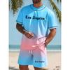 3D Print American Beach Style, 1 Set of 2pcs, T-Shirt + Shorts