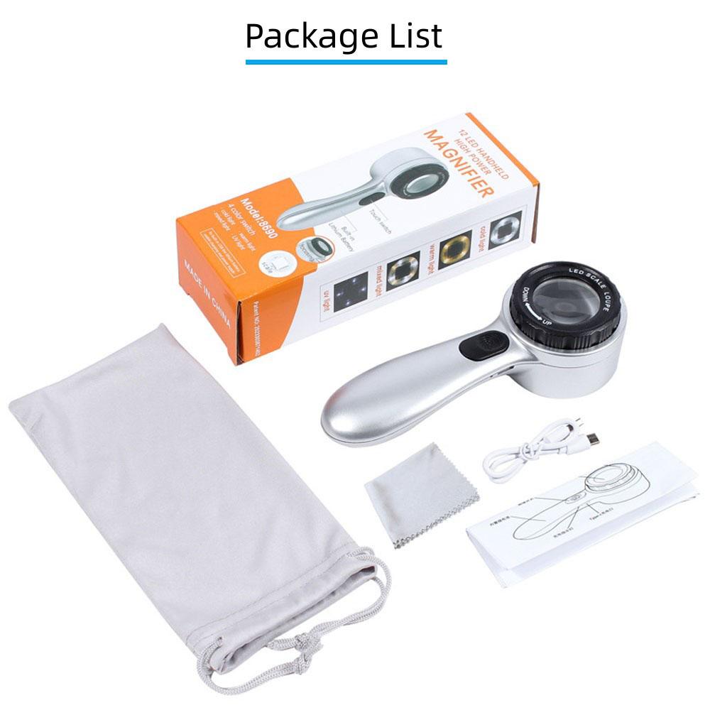 30x Handheld Rechargeable Magnifier With 4-color Led Light For Antiques Jewelry Appreciation Reading Books And Fine Inspection